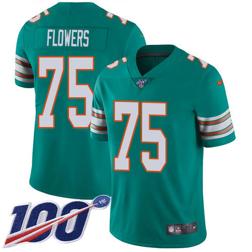 Miami Dolphins #75 Ereck Flowers Aqua Green Alternate Men Stitched NFL 100th Season Vapor Untouchable Limited Jersey